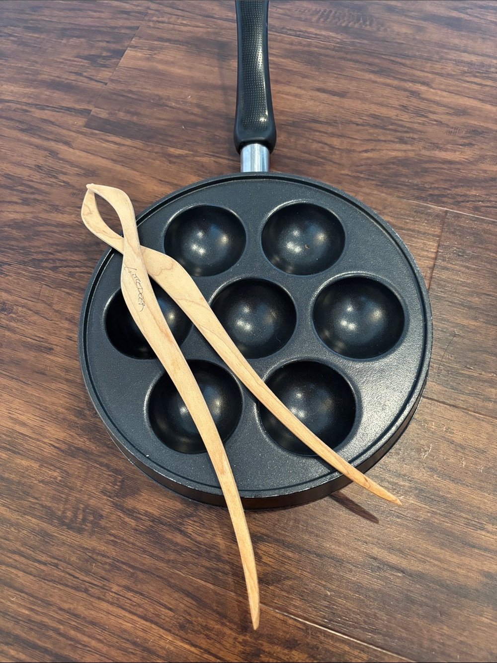 Nordic Wear at Williams Sonoma ebelskiver pan with Wooden flipper tools.
